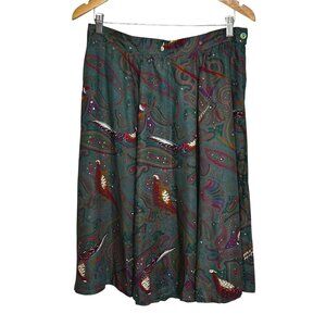 Vintage Eagles Eye Pheasant Paisley Midi Skirt Green Bird Print Twee Size 10